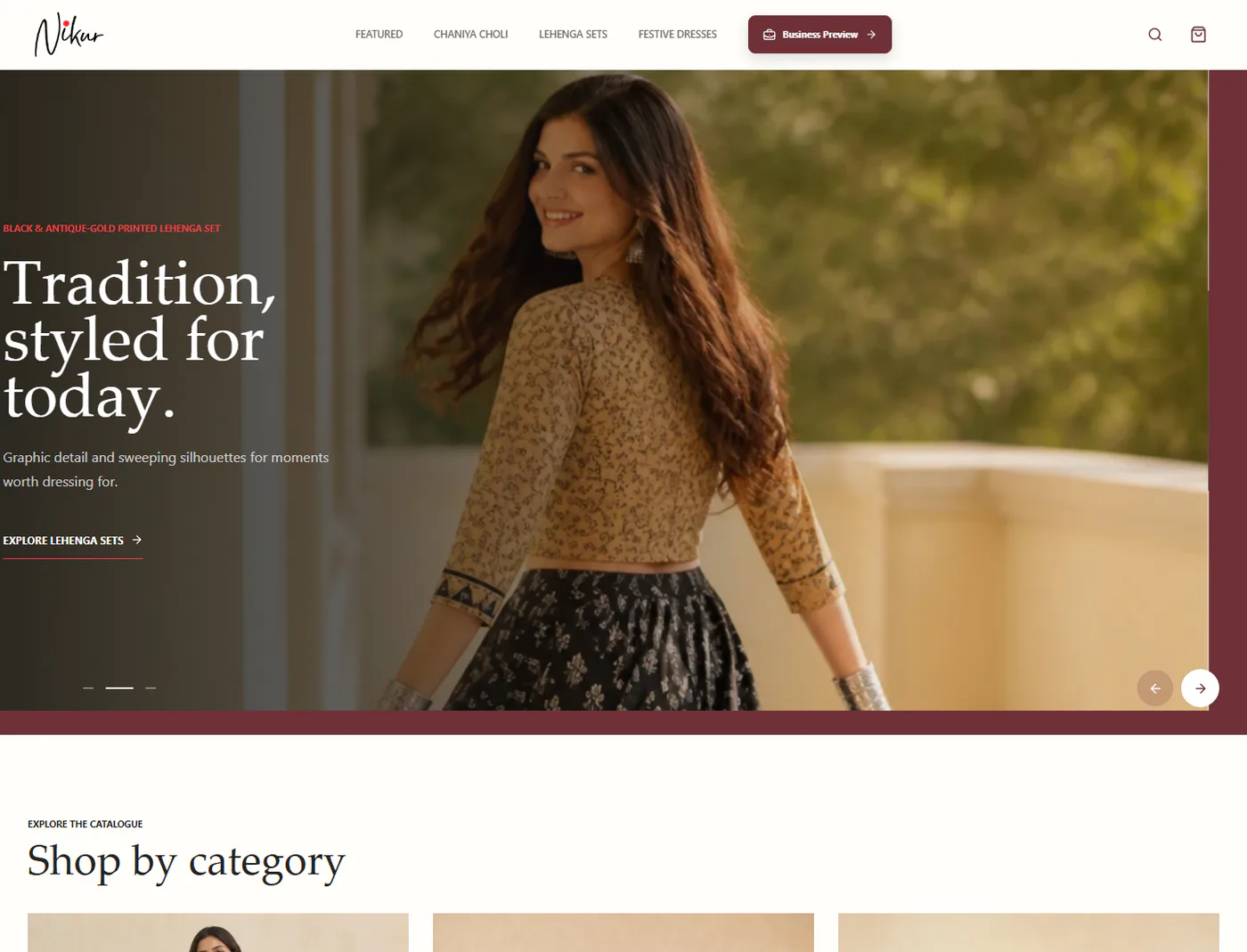 Niikurr concept storefront with an editorial occasion-wear campaign hero